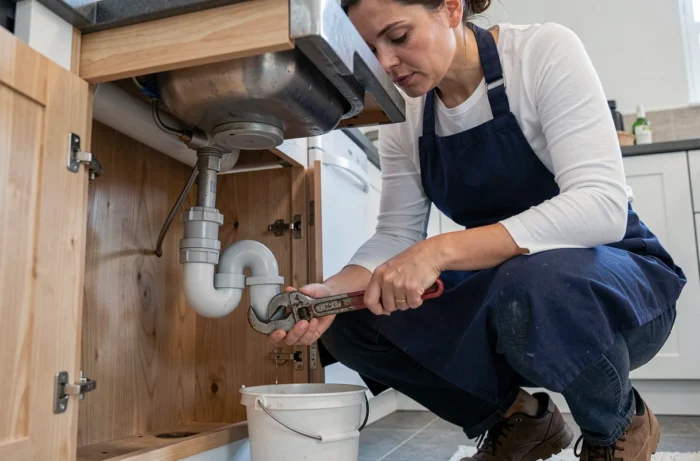 Femme dévissant un siphon sous un évier de cuisine avec une clé à molette pour débouchage