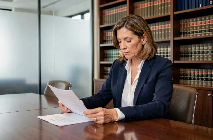Dirigeante d'entreprise consultant des documents juridiques dans un bureau moderne – tendances légales pour entrepreneurs