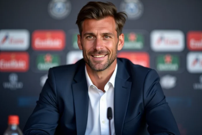 Footballeur vétéran en conférence de presse pour une interview club en 2026, évoquant la carrière d'Eden Hazard