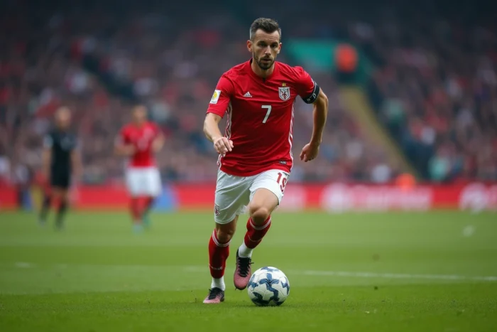 Joueur de football en plein match en stade dribblant avec le ballon, illustrant la carrière remarquable d'Eden Hazard en 2026