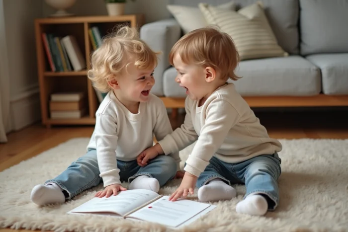 Deux jeunes enfants jumeaux jouant ensemble sur le sol à côté d'un acte de naissance et d'un album photo familial
