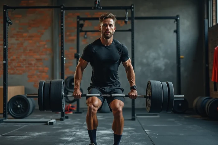 Homme soulevant une barre dans une salle de musculation avec équipement professionnel