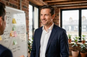 Entrepreneur français quadragénaire dans un espace de co-working parisien, devant un tableau blanc couvert de schémas de business plan