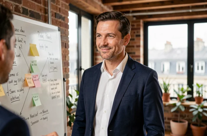 Entrepreneur français quadragénaire dans un espace de co-working parisien, devant un tableau blanc couvert de schémas de business plan