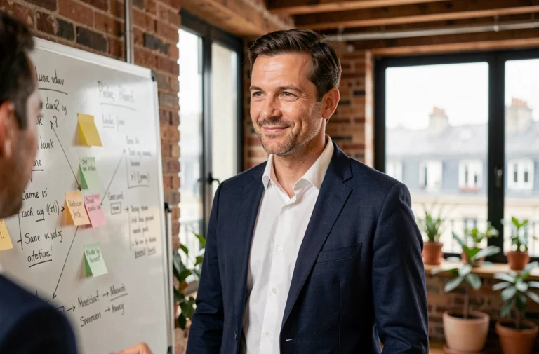 Entrepreneur français quadragénaire dans un espace de co-working parisien, devant un tableau blanc couvert de schémas de business plan