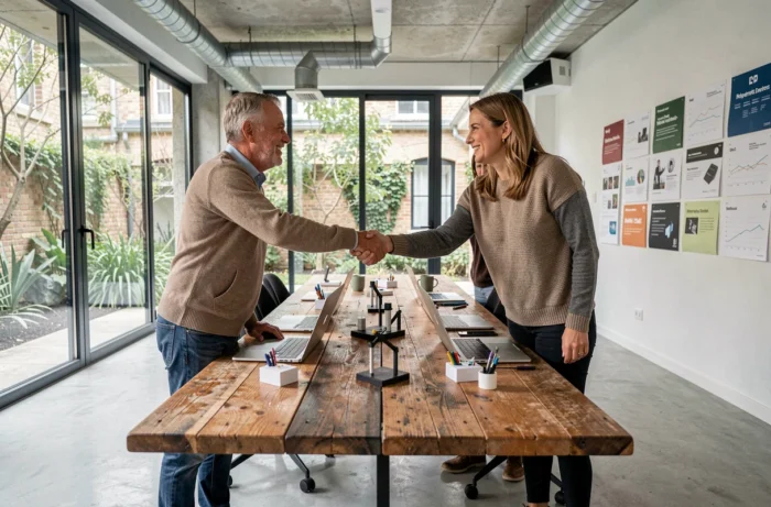 Deux entrepreneurs français de générations différentes scellant un partenariat commercial dans un studio de startup à Bordeaux
