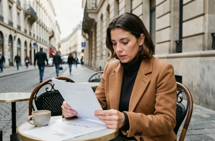 Entrepreneuse française dans la trentaine travaillant sur ses documents financiers à une terrasse de café à Lyon