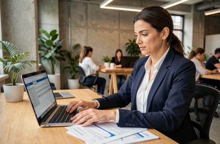 Entrepreneuse analysant ses comptes financiers sur un ordinateur portable dans un espace de coworking moderne