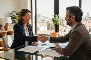 Une femme française en entretien d'embauche dans un bureau moderne à Barcelone, serrant la main d'un recruteur espagnol avec le sourire