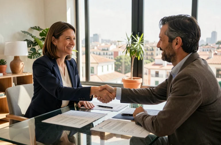 Une femme française en entretien d'embauche dans un bureau moderne à Barcelone, serrant la main d'un recruteur espagnol avec le sourire