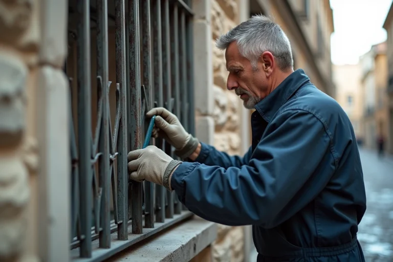 Technicien appliquant un produit anti-rouille sur une grille de défense en acier fixée à une façade en pierre