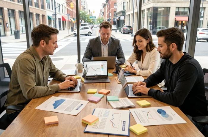 Équipe d'une agence de communication digitale collaborant sur une stratégie SEO pour améliorer la visibilité en ligne d'un client