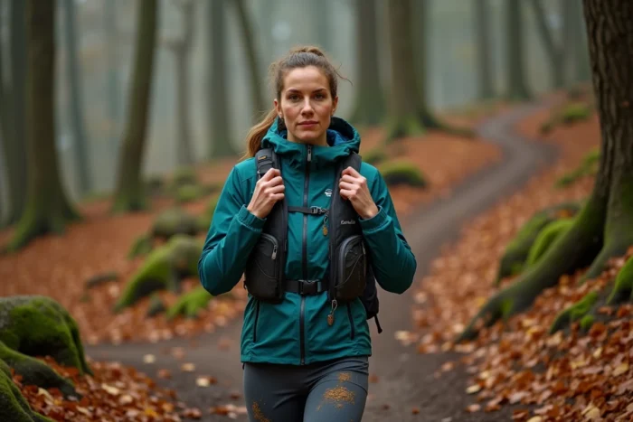 Femme équipée pour le trail running ajustant son sac d'hydratation sur un sentier forestier en automne