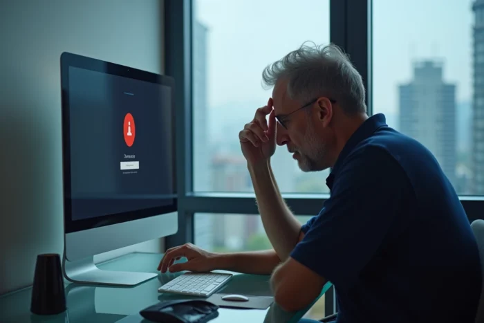 Homme d'âge mûr face à un écran affichant une erreur de connexion à son espace client MyFoncia, exprimant une légère frustration