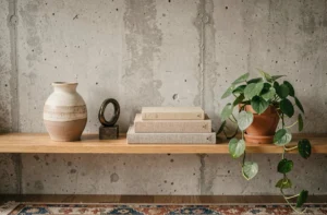 Étagère décorée avec des objets originaux dans un appartement contemporain parisien : vase céramique, sculpture, livres et plante verte