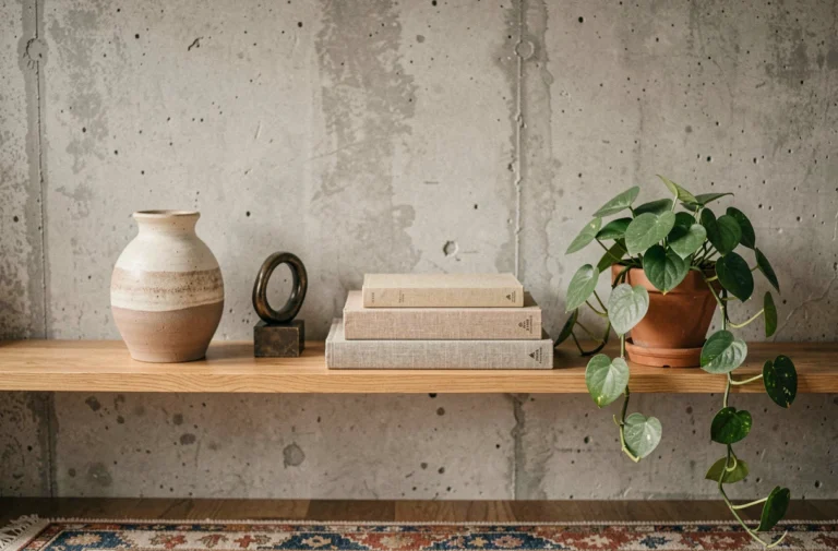 Étagère décorée avec des objets originaux dans un appartement contemporain parisien : vase céramique, sculpture, livres et plante verte