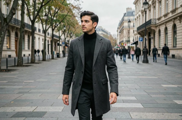Fabian Wolfrom marchant sur un boulevard haussmannien parisien en manteau charbon, style éditorial urbain