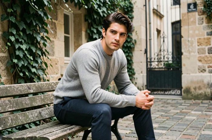 Fabian Wolfrom assis dans une cour parisienne pavée, ambiance naturelle et détendue