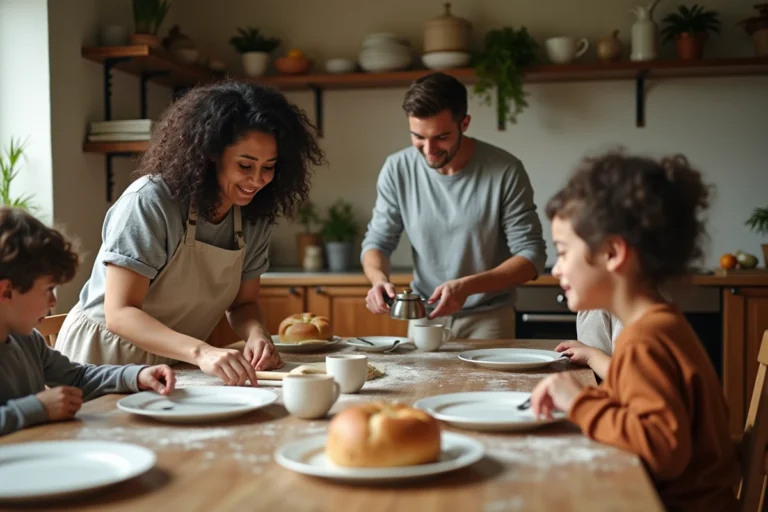 Famille épanouie préparant un repas ensemble dans une cuisine familiale chaleureuse et organisée