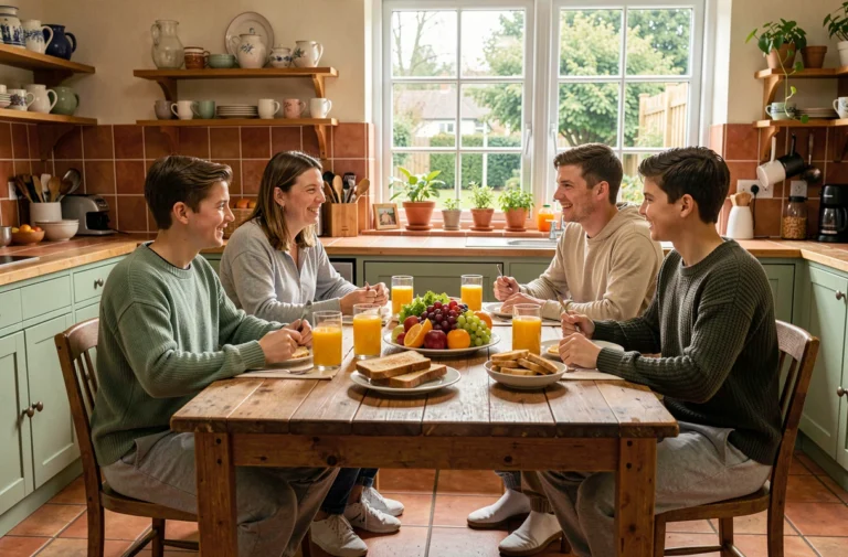 Famille réunie autour d'un petit-déjeuner convivial dans une cuisine rustique chaleureuse