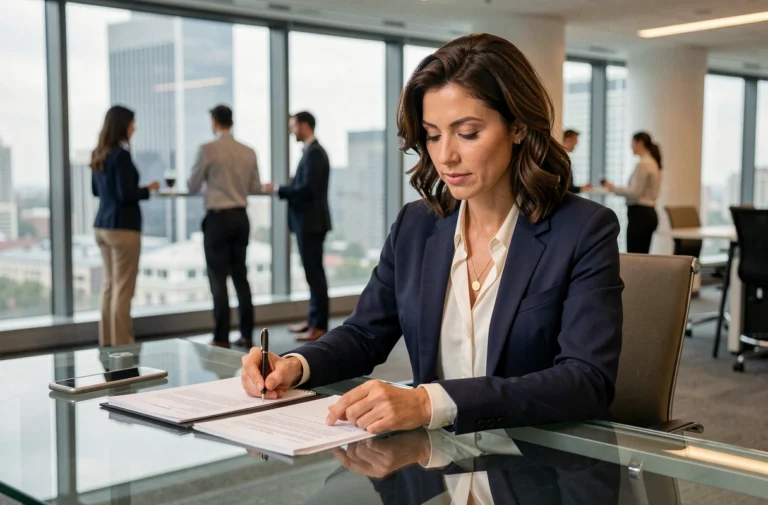 Femme d'affaires professionnelle en blazer marine analysant des documents dans un bureau moderne avec vue sur la ville, illustrant les tendances du monde des affaires