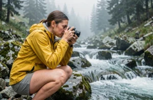Femme en veste imperméable tenant un appareil photo compact étanche au bord d'un torrent de montagne