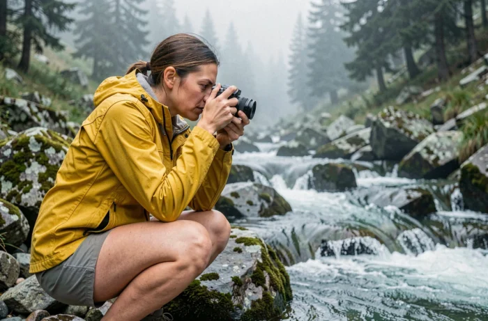 Femme en veste imperméable tenant un appareil photo compact étanche au bord d'un torrent de montagne