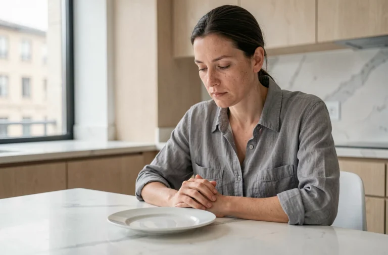 Femme assise devant une assiette vide dans une cuisine moderne, illustrant le jeûne et la restriction alimentaire pour maigrir