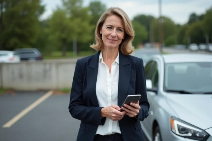 Femme tenant un smartphone avec une application d'assurance auto debout devant une berline argentée dans un parking