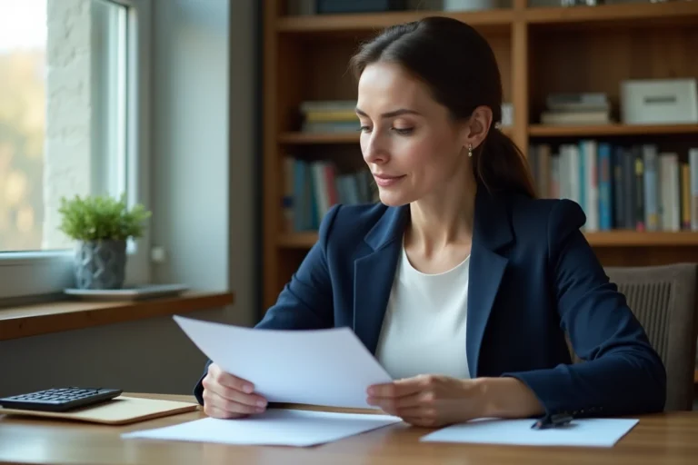 Femme de 40 ans consultant des documents administratifs sur le RSA et l'emploi à son bureau à domicile