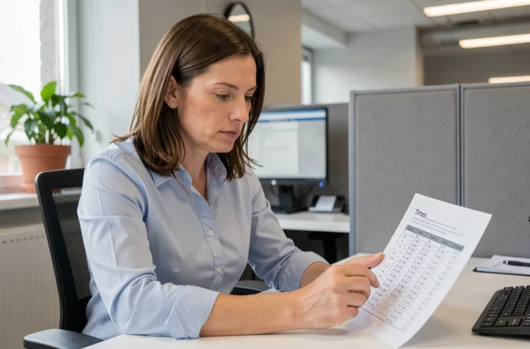 Femme professionnelle analysant un tableau de gestion du temps en heures centièmes dans un bureau moderne