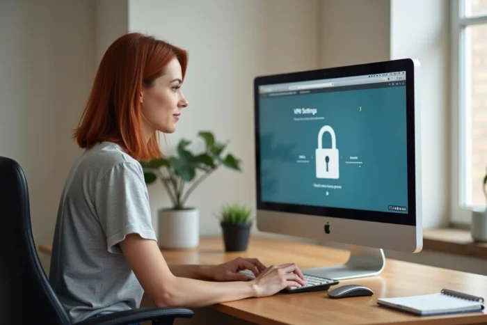 Femme configurant un VPN sur son ordinateur de bureau pour accéder à un site de streaming géo-restreint