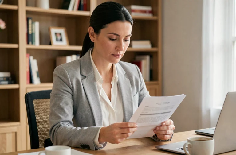 Femme consultant un document de crédit à son bureau à domicile, illustrant les démarches pour emprunter de manière responsable