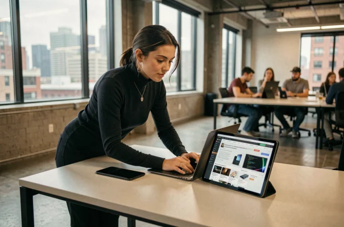 Professional woman consulting geek and high-tech resources on laptop and tablet in a modern coworking space