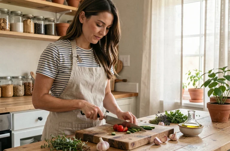 Femme cuisinant des légumes frais dans une cuisine maison avec tablier en lin et planche à découper en bois