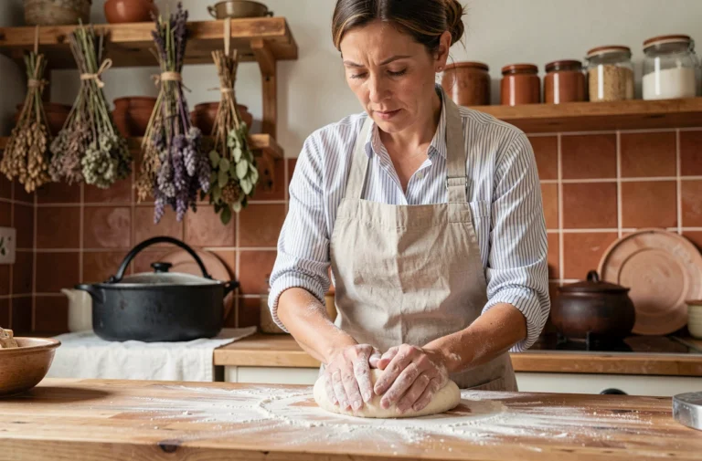 Femme en tablier de lin pétrissant de la pâte à pain sur un plan de travail en bois fariné dans une cuisine campagnarde authentique