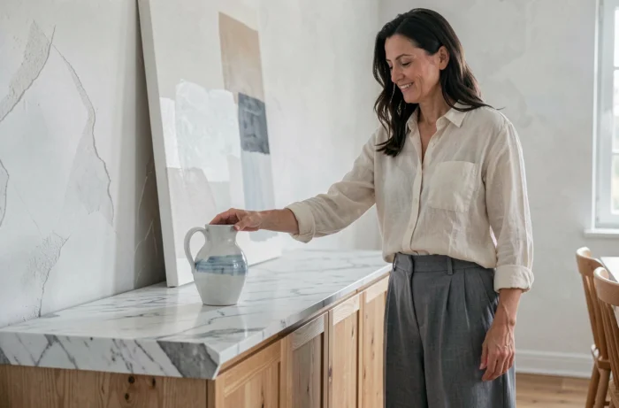 Donna che sistema un vaso in ceramica dipinto a mano su un mobile in legno in una sala da pranzo minimalista scandinava