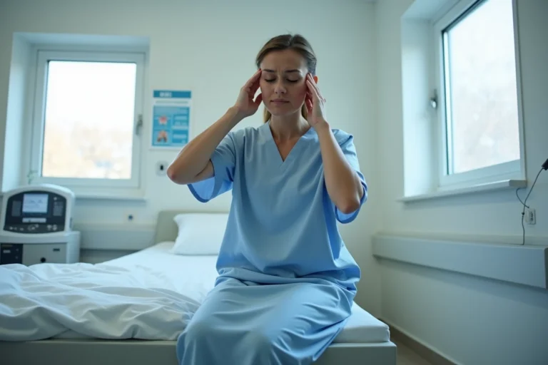 Femme fatiguée assise sur un lit médical après une IRM, se tenant les tempes en raison de maux de tête