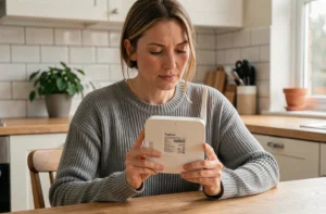 Femme consultant le mot de passe WiFi inscrit sous sa Freebox Delta dans une cuisine moderne