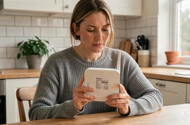 Femme consultant le mot de passe WiFi inscrit sous sa Freebox Delta dans une cuisine moderne