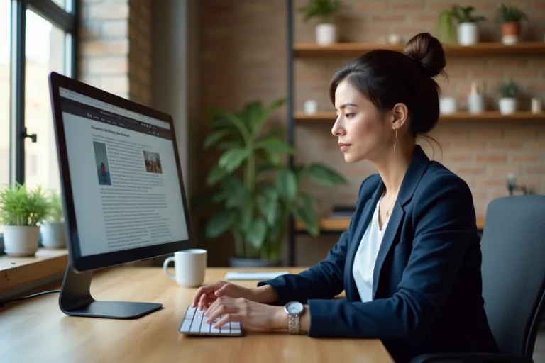 Femme lisant des actualités en ligne sur un écran d'ordinateur dans un bureau moderne avec murs en briques apparentes