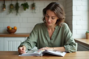 Femme feuilletant un magazine de décoration intérieure à une table en bois dans une cuisine scandinave