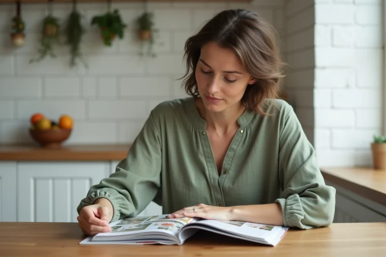 Femme feuilletant un magazine de décoration intérieure à une table en bois dans une cuisine scandinave