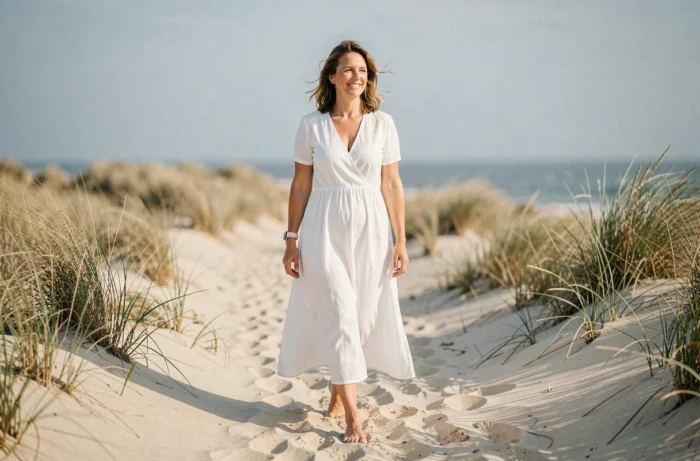 Femme marchant pieds nus sur une plage côtière en robe en lin blanc symbolisant la sérénité et le bien-être naturel