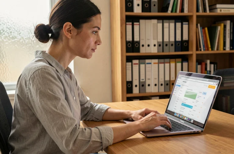 Femme naviguant sur un site internet depuis un bureau à domicile, explorant les rubriques d'un site web sur son ordinateur portable