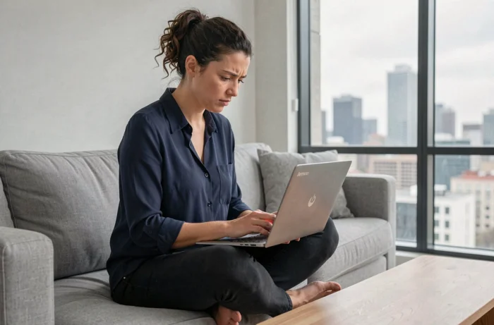 Femme inquiète examinant le bouton power clignotant de son PC portable Lenovo sur un canapé moderne