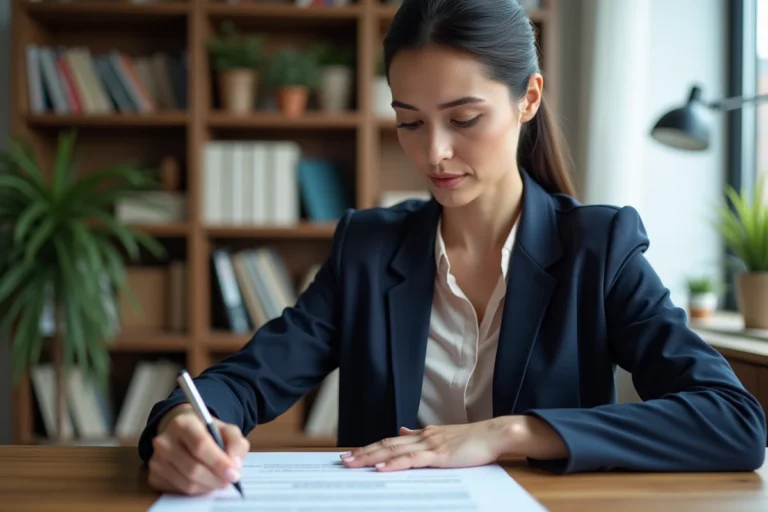 Femme professionnelle en blazer marine examinant un contrat d'assurance immobilière à son bureau à domicile