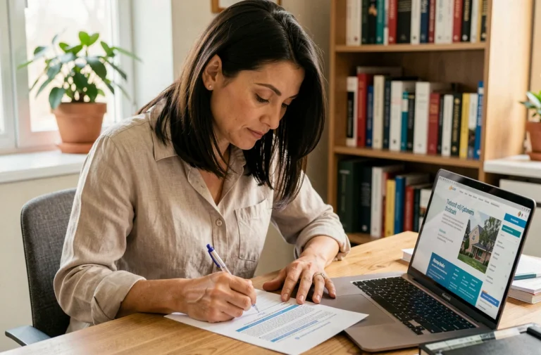 Femme remplissant un questionnaire santé CNP assurance pour un prêt immobilier à son bureau à domicile