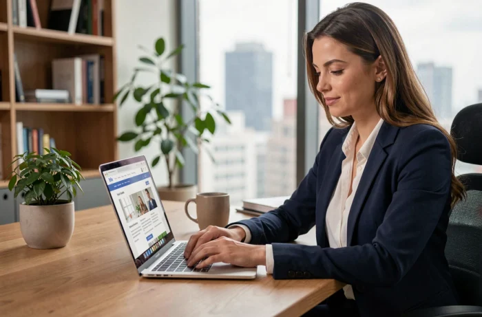 Femme professionnelle cherchant un emploi sur un site d'annonces en ligne depuis son bureau moderne