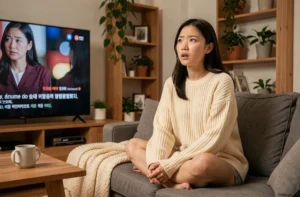 Jeune femme regardant un drama coréen en streaming légal sur son canapé à la maison